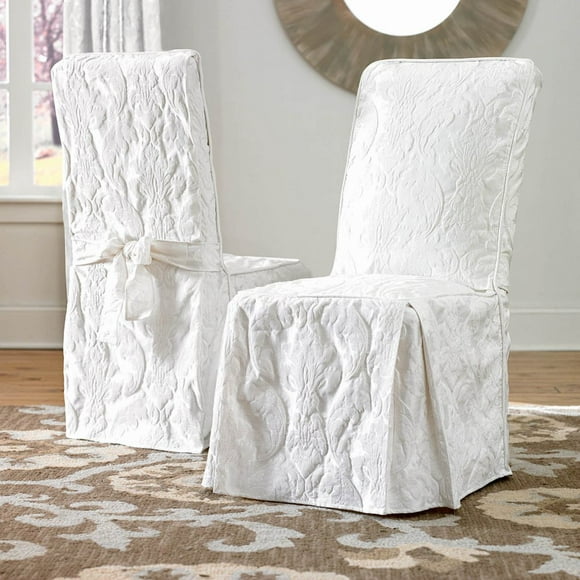 SureFit Matelasse Damask Long Dining chair Slipcover - Full Length Relaxed Fit High Back chair coverPerfect for Adding Accents to Your Dining Room, White