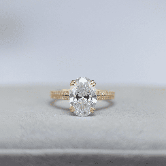 Caratfinejewels 3.00Ct Oval Lab Grown Diamond Trellis Set Engagement Ring, Dual Pavé, 10K Yellow Gold