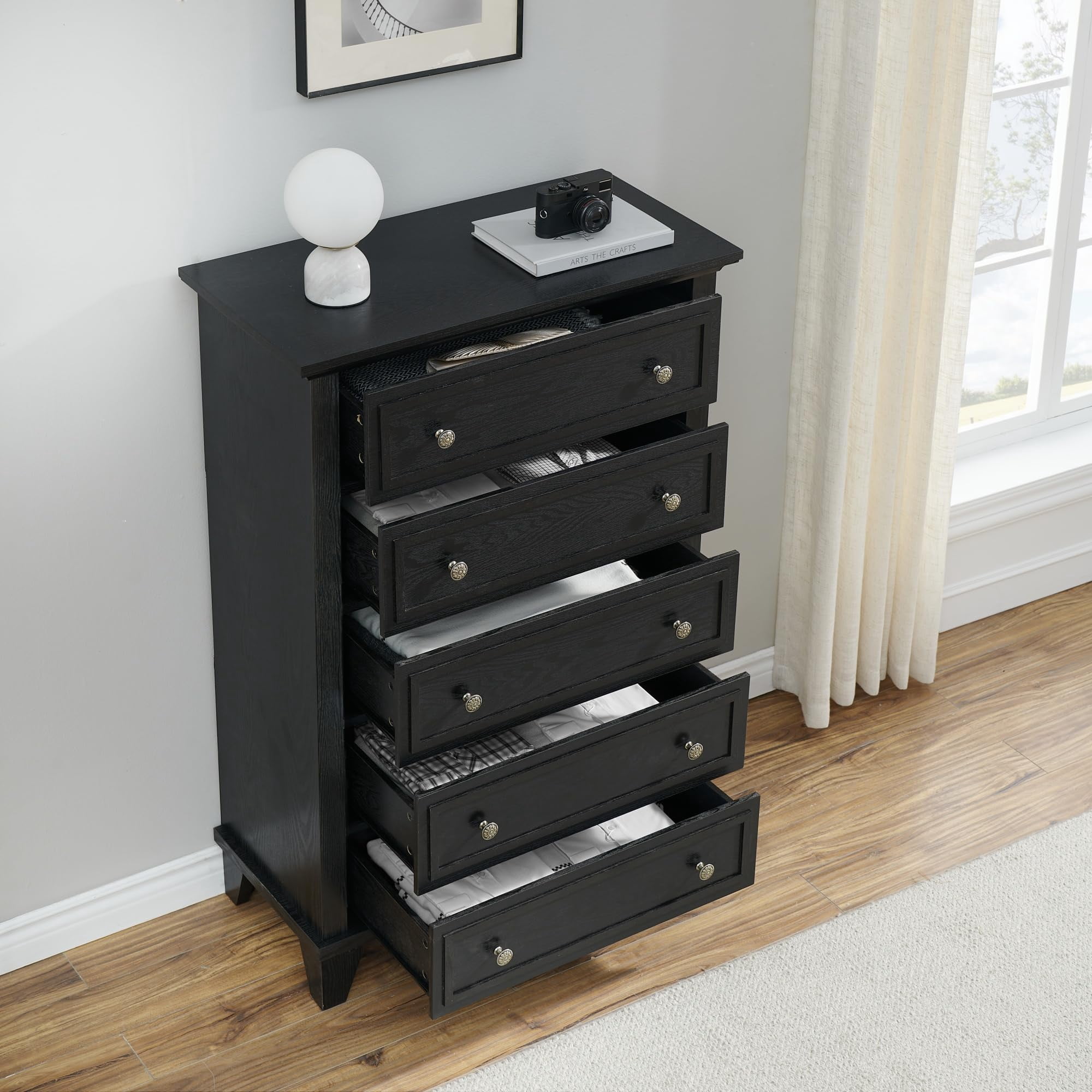 5 Drawer Dresser for Bedroom, 48" Tall Modern Chest of Drawers with Deep Drawers, Wood Storage Cabinet with Vintage Metal Handles for Living Room, Hallway, Black