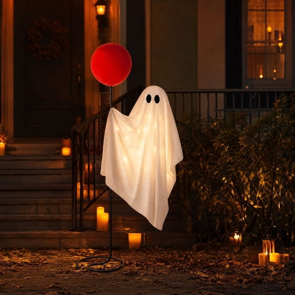 6 FT Life Size Ghost with Red Balloon Halloween Decorations Outdoor, Lighted Standing Halloween Porch Decoration with Metal Stand for Front Door, Yard, Lawn, Patio, Indoor Outdoor Decor