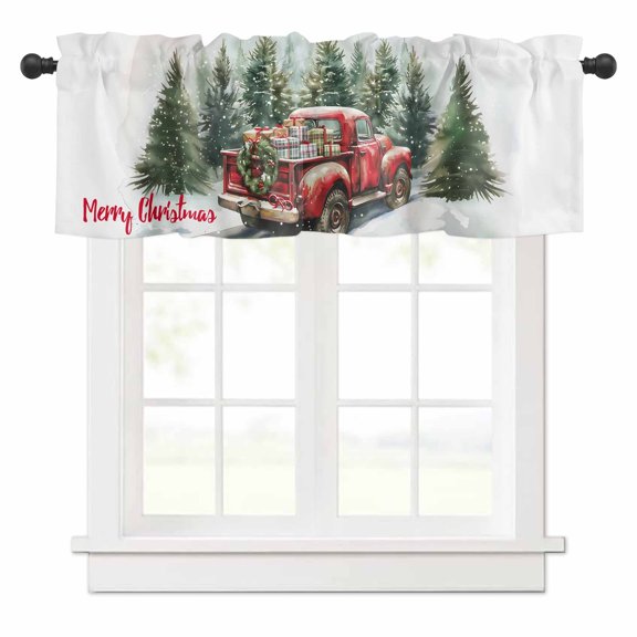 Merry Christmas Red Truck Valances for Windows Forest Xmas Tree Present Rod Pocket Curtain Valance Window Treatment Short Curtains for Kitchen Living Room, 42"x18"