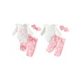 thumbnail image 3 of Infant Girls Fall Outfits Ruffle Long Sleeve Crew Neck Letters Bow Embroidery Romper Floral Print Pants and Headband Set, 3 of 8