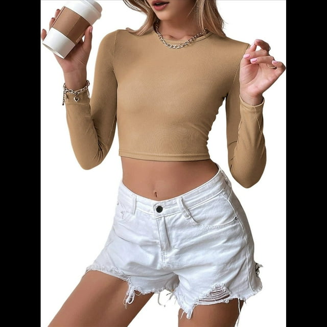 Top Corto de Punto Acanalado de Larga con Espalda Descubierta para Mujer, Corte Ajustado, Cuello Redondo, Espalda y Abertura. Caqui M