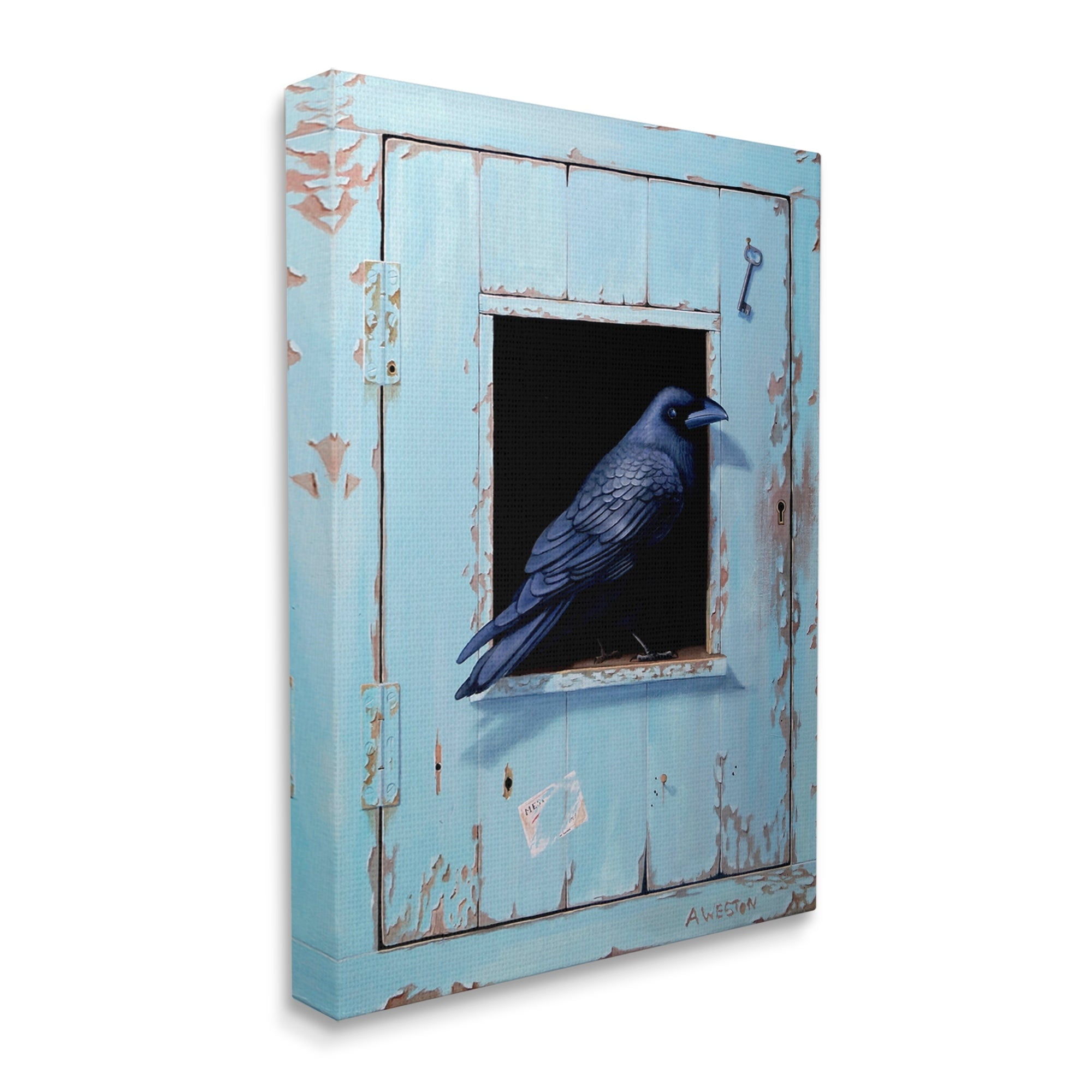 Stupell Industries Crow Perched Rustic Blue Door Hanging Key Painting Gallery Wrapped Canvas Print Wall Art, Design by Alan Weston