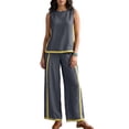 thumbnail image 2 of 2 Piece Sets for Women Color Block Linen Lounge Sets Sleeveless Top Wide Leg Pants Matching Casual Travel Outfit, M, 2 of 9