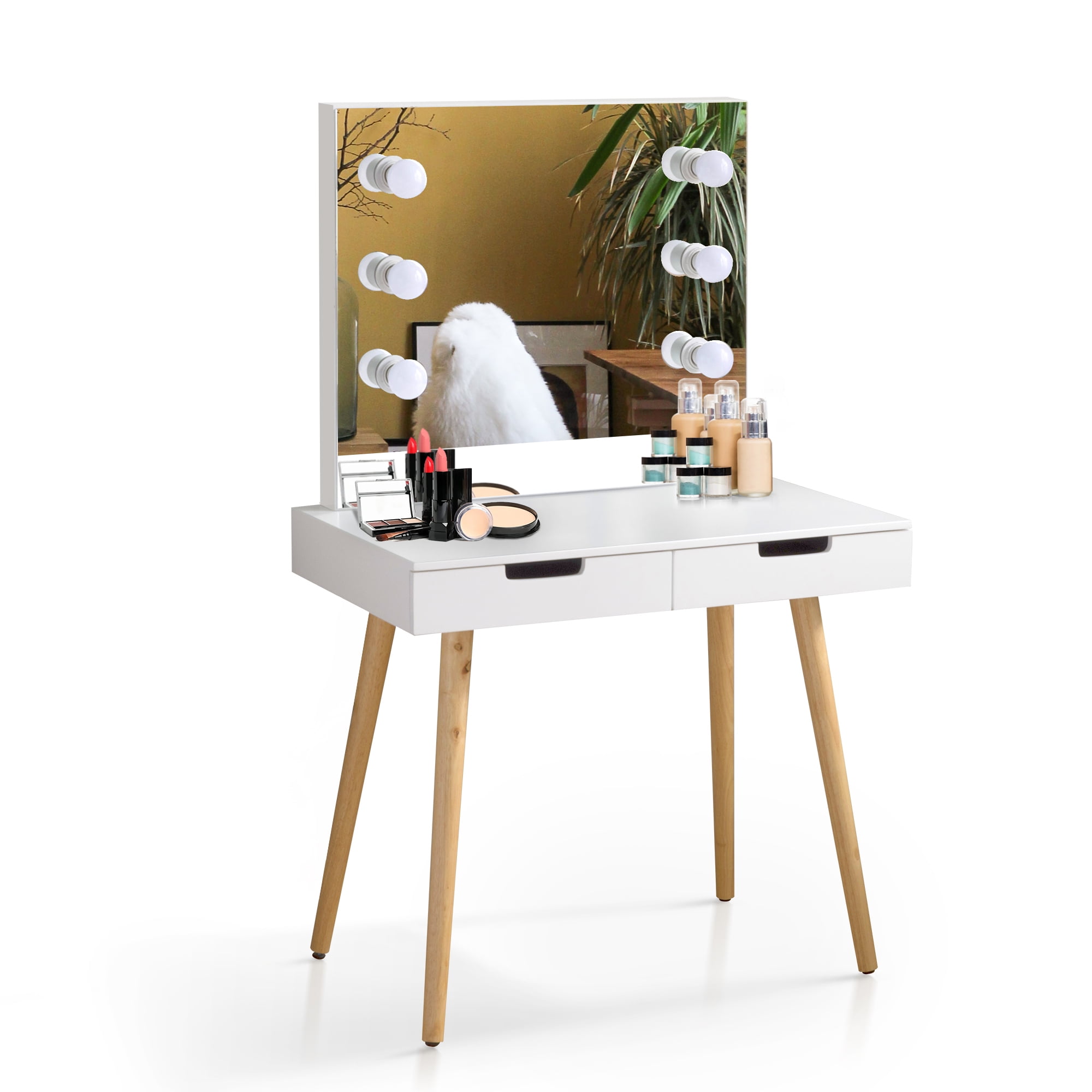 Spaco Modern Vanity Table with LED Light, Makeup Vanity Desk with 2 Wood Cosmetic Table Chest of Drawers, USB Port, White Spaco Modern Vanity Table with LED Light, Makeup Vanity Desk with 2 Wood Cosmetic Table Chest of Drawers, USB Port, White