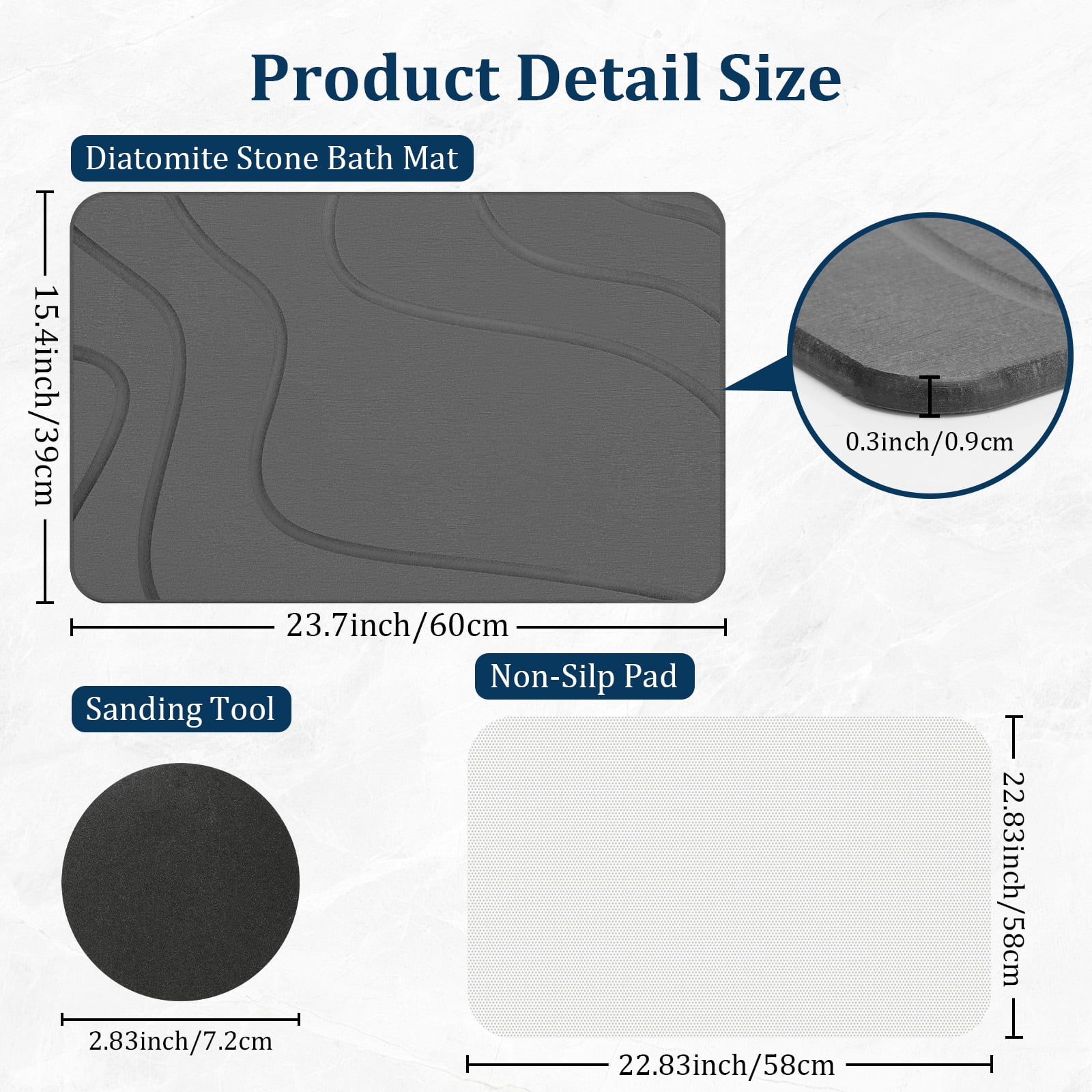 LIZEVINC Non-Slip Diatomaceous Earth Stone Bath Mat – Super Absorbent Quick Dry Diatomite Shower Mat for Bathroom Floor, Fast Drying Bathroom Mat, 23.6" x 15.4", Deep Gray