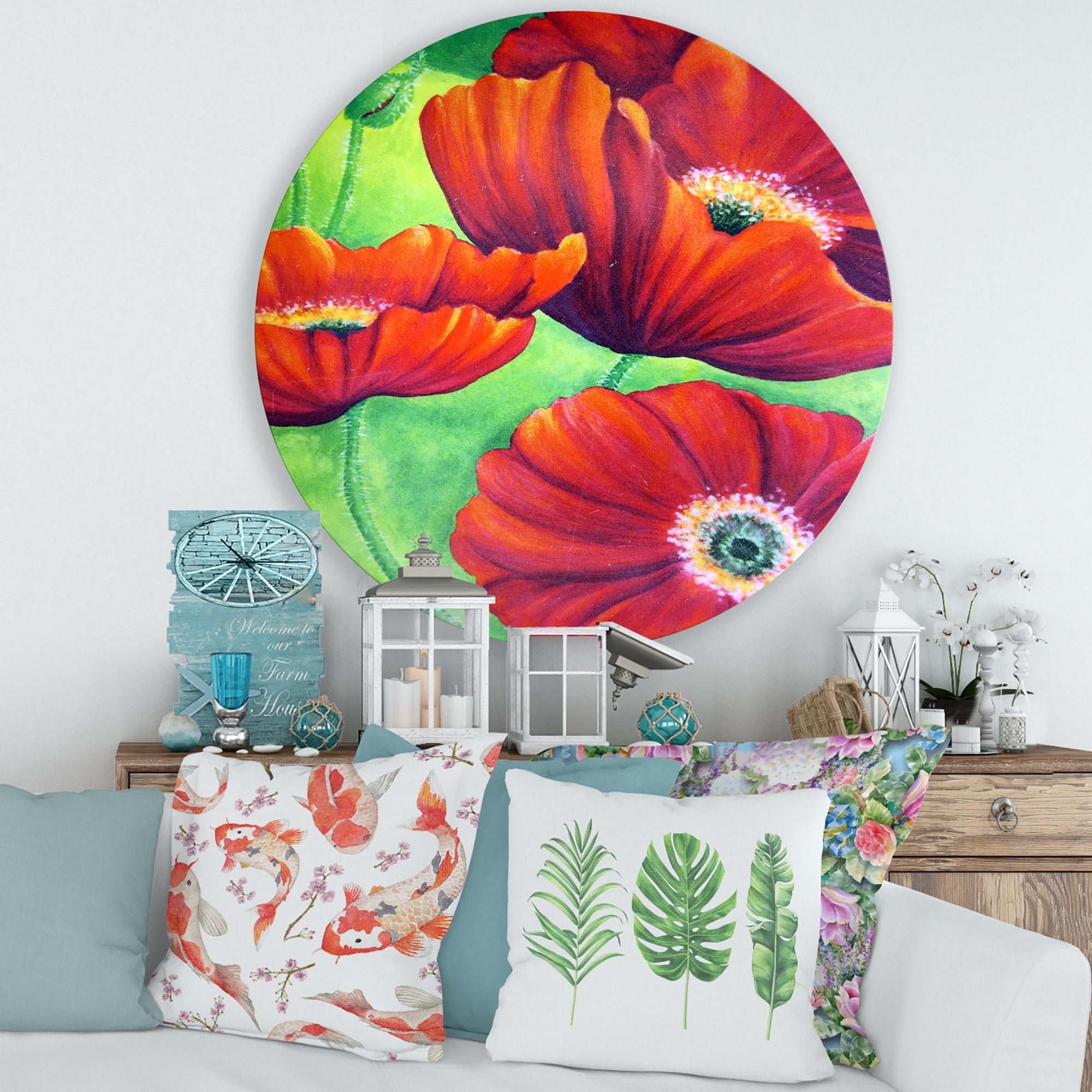 Designart 'Red Blossoming Poppies Over Wild Green V' Traditional Circle Metal Wall Art 36x36 - Disc of 36