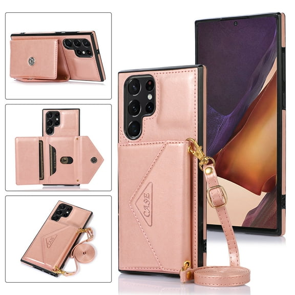 Wallet Case for Galaxy S23 Ultra, Detachable Crossbody Lanyard Strap PU Leather+Soft TPU Bumper Magnetic Clasp Back Flip Credit Card Slots Kickstand Cover for Samsung Galaxy S23 Ultra, Rosegold