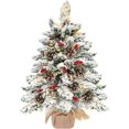 thumbnail image 1 of Arbre de Noël Floqué de 24 Pouces avec 50 Lumières, Arbre de Noël de Table à Piles Lumières Chaudes 42 Baies Rouges 7 Pommes de Pin Base en Toile de Jute Petit Arbre de Noël Décoration de Noël Intérieur Maison Table, 1 of 5