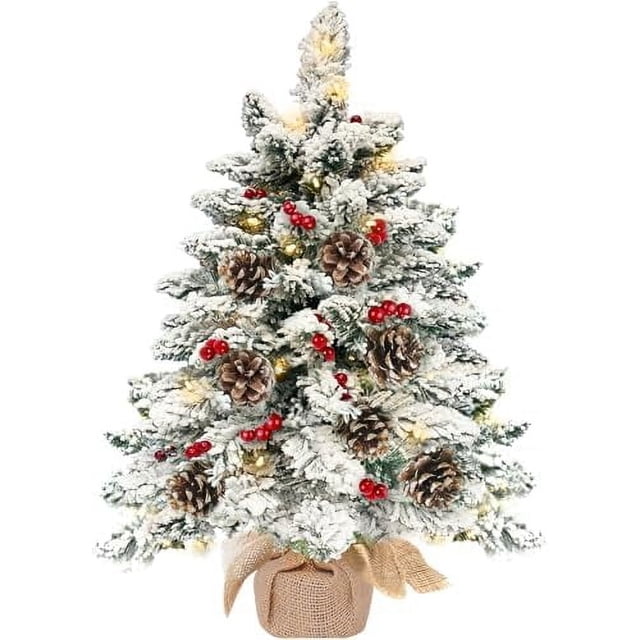 Arbre de Noël Floqué de 24 Pouces avec 50 Lumières, Arbre de Noël de Table à Piles Lumières Chaudes 42 Baies Rouges 7 Pommes de Pin Base en Toile de Jute Petit Arbre de Noël Décoration de Noël Intérieur Maison Table