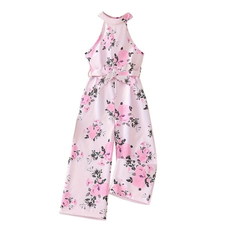 VNKIDY Kids Girls Summer Floral Print Halter Neck Jumpsuit With Tie Waist Wide Leg Loose Fit Lightweight Overalls Pants For Summer Daily Wear Pink 4-5 Years