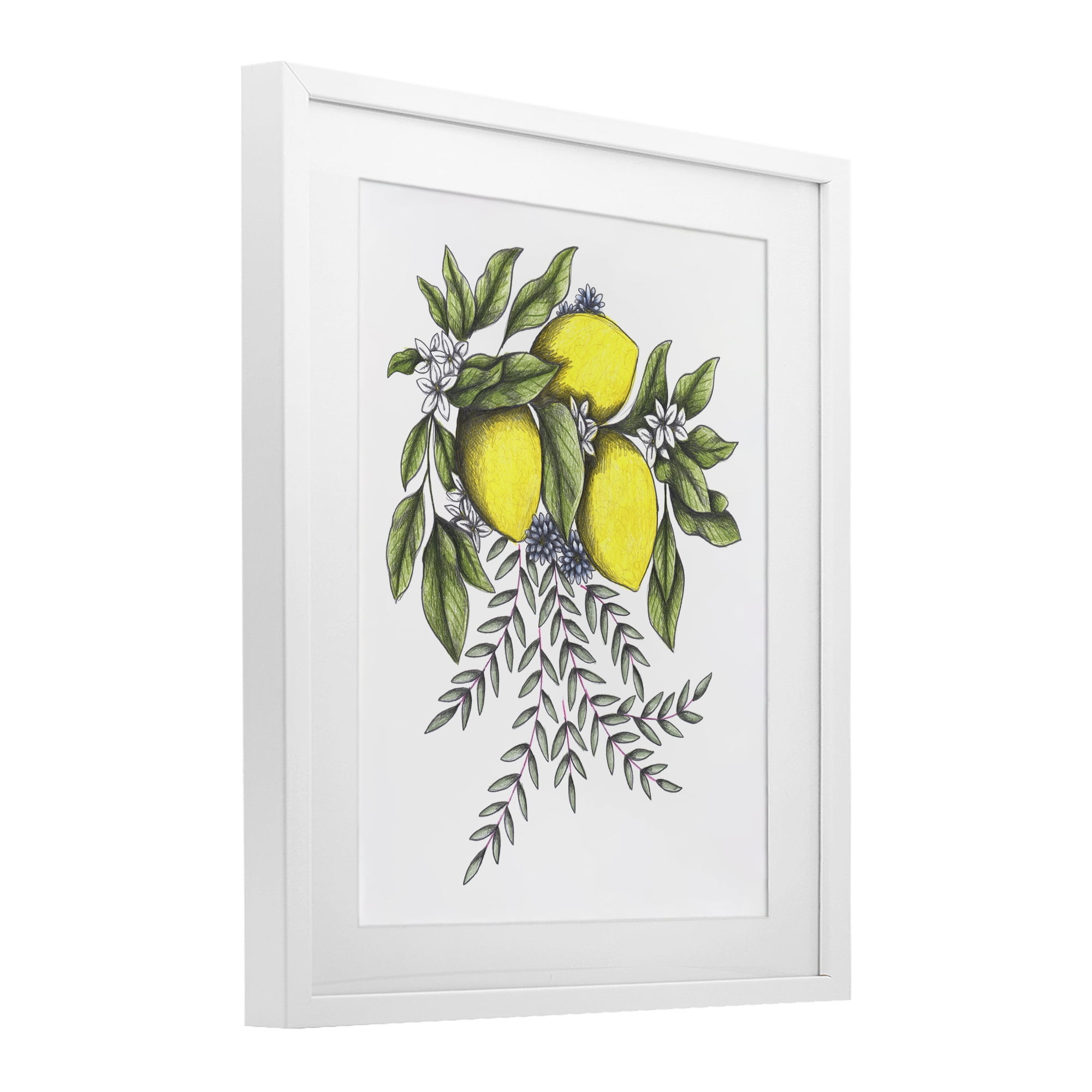 Lemons & Flowers Vintage Sketch White Framed Print Under Glass, design by Cecilia Battaini