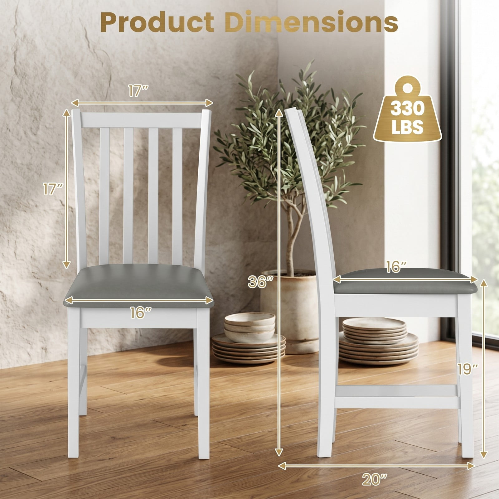 Furnibear Wooden Dining Chair Set of 2, Rubber Wood Kitchen Side Chairs with Padded PVC Leather Seat, Ergonomic Curved Back, Armless Accent Chairs for Dining, White