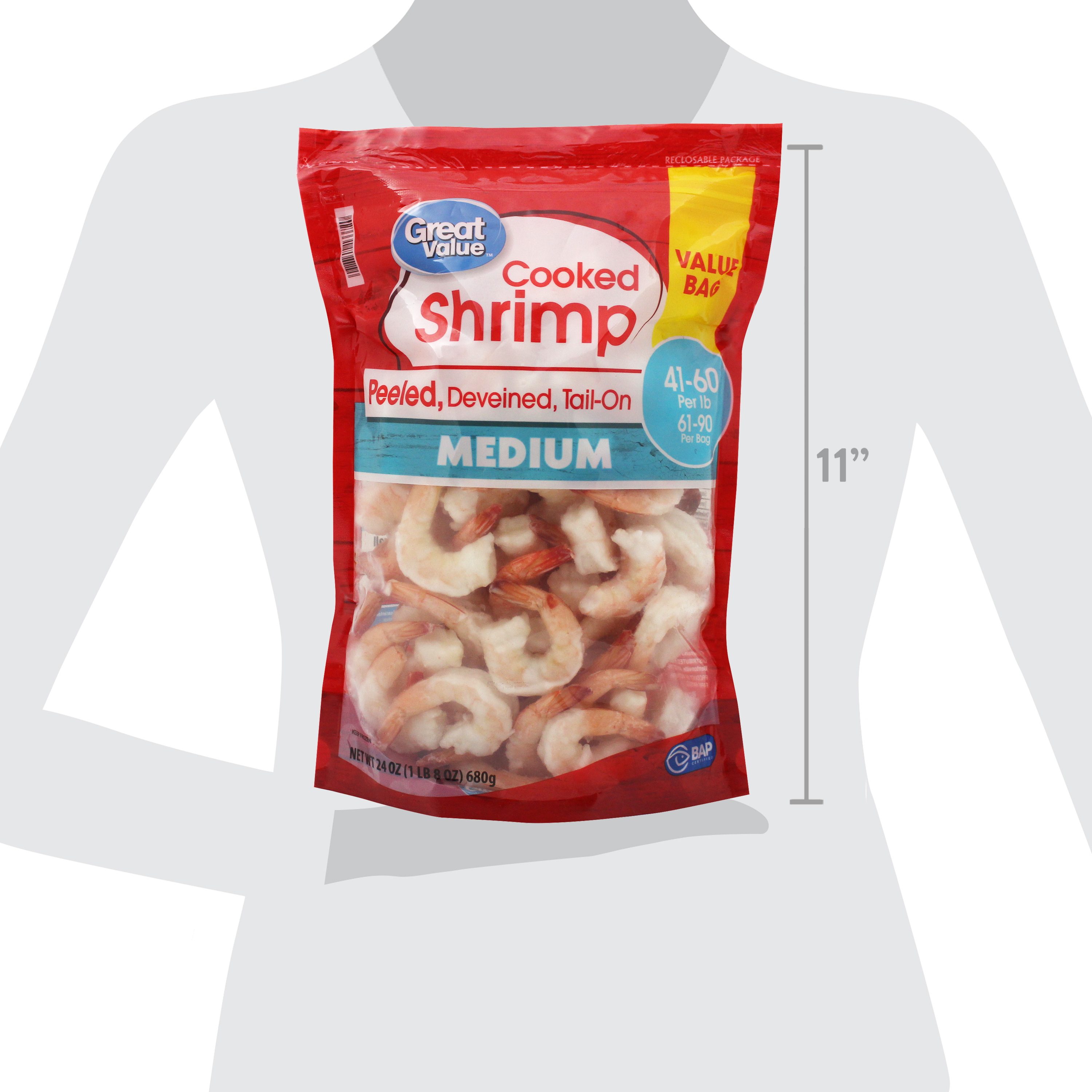Great Value Frozen Cooked Medium Peeled Deveined Tail-On Shrimp, 24 oz Bag (41-60 count per lb) - image 9 of 10