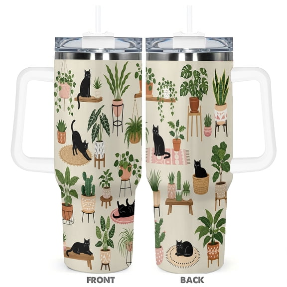 Cats And Plants Design 40oz Travel Tumbler With Lid For Plant Lovers And Cat Lovers Women And Mom