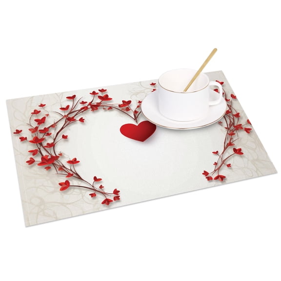 SUNOLIFE Valentine Placemat Set of 4 Heart Linen Place Mats for Dining Table Decor