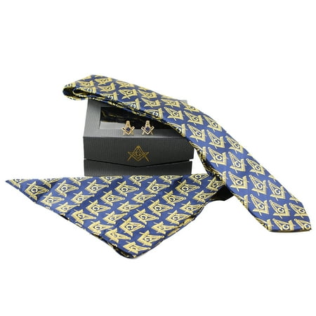 Blue Masonic Neck Tie Freemason Cufflinks Free Mason Handkerchief 3 Pc Gift Box Set