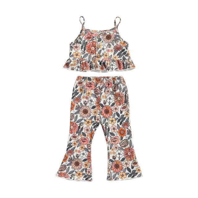 Xingqing Toddler Baby Girls 2 Piece Summer Outfits Floral Print Halter Ruffle Crop Top and Flared Pants Set White 4-5 Years