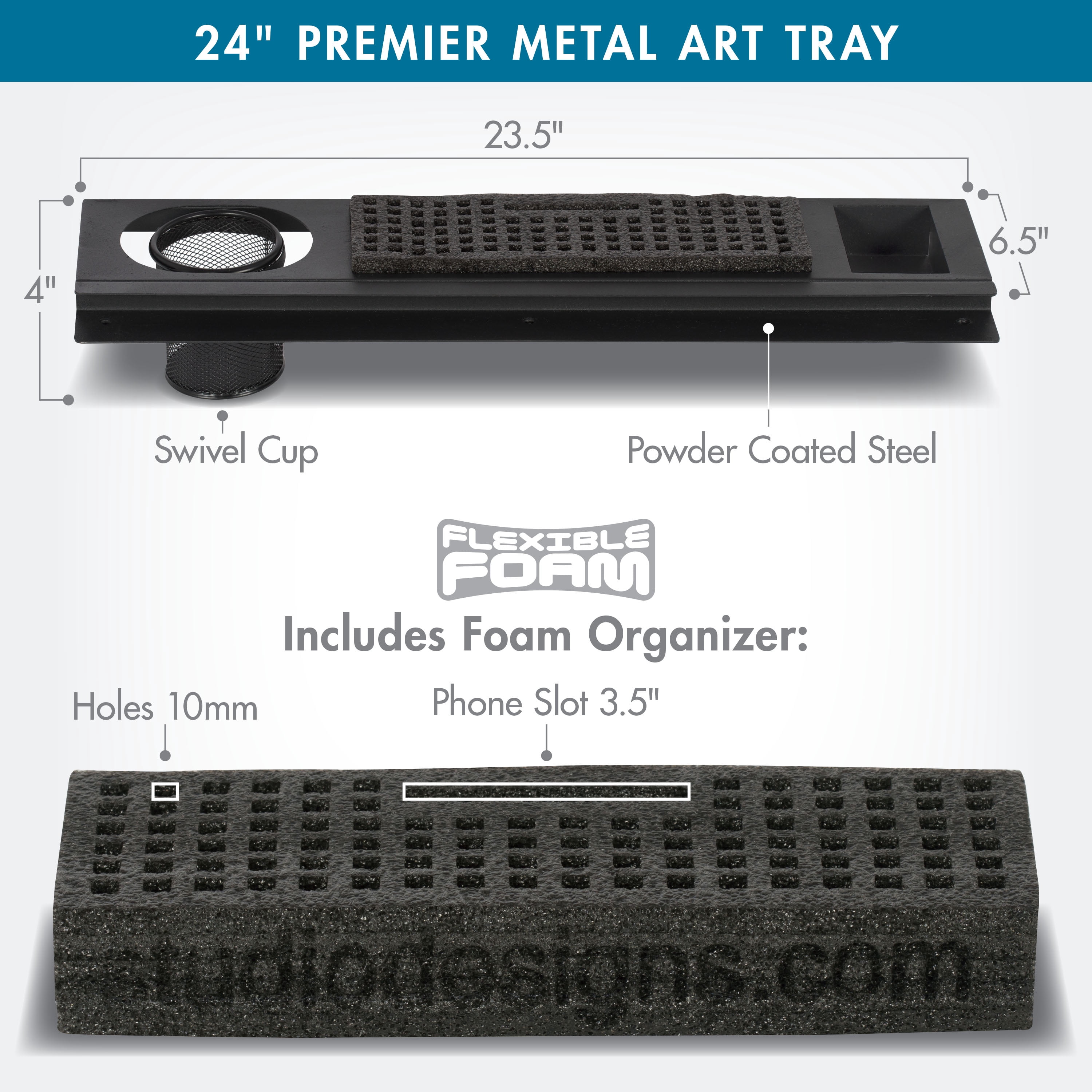 Studio Designs 24" Premier Metal Storage Organizer Tray for Drafting Tables Pencil/Marker Organizers and Mesh Cup for Brushes- Charcoal Black