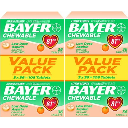 2 Pack Bayer Chewable Aspirin Low Dose 81mg Orange Flavor 108-Count Tablet Each
