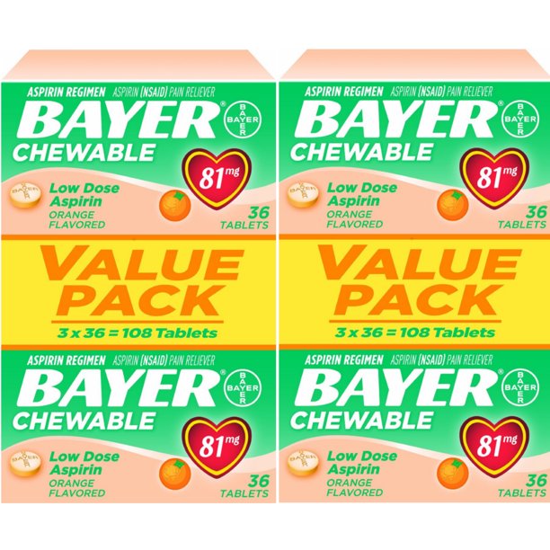 2 Pack Bayer Chewable Aspirin Low Dose 81mg Orange Flavor 108Count