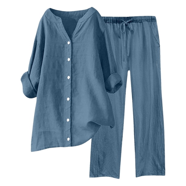 Conjuntos de 2 piezas para mujer: blusa de pierna ancha y pantalones elásticos. Camisa informal con cuello en V y bolsillos. Ropa urbana para todas las estaciones.