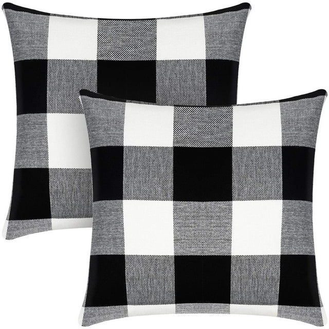 Juego de 2 fundas de almohada a cuadros de búfalo, funda de cojín cuadrada a cuadros para exteriores, de lino y algodón blanco y negro, para decoración del hogar, Pascua, coche, cama, sofá, 18.0 x