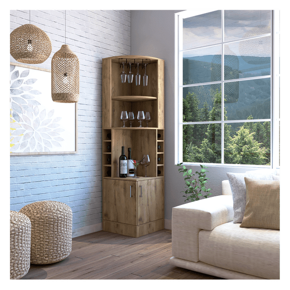 Syrah Corner Bar Cabinet, 8-Bottle Cubbies, Double Door & 2 Open Shelves, Modern Design