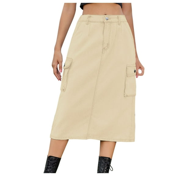BLVB Women's Denim Cargo Skirt Casual High Waisted Split Back Vintage Midi Jean Skirts Streetwear with Pockets Khaki