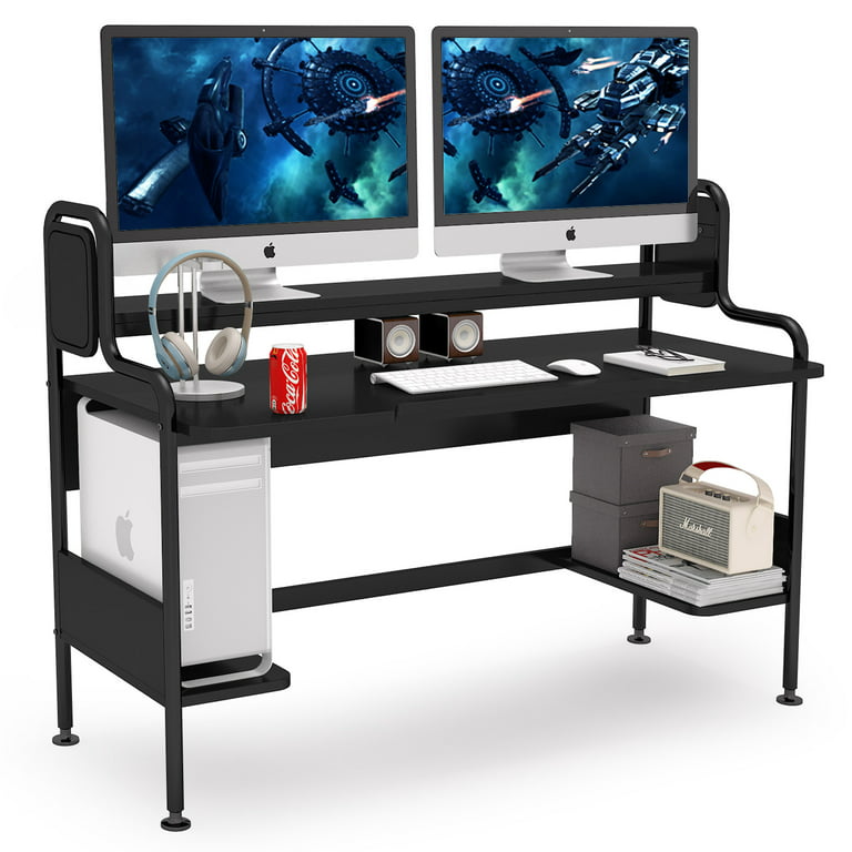 55 Inch Computer Gaming Desk with Hutch, Home Office Desk with Storage  Shelves 