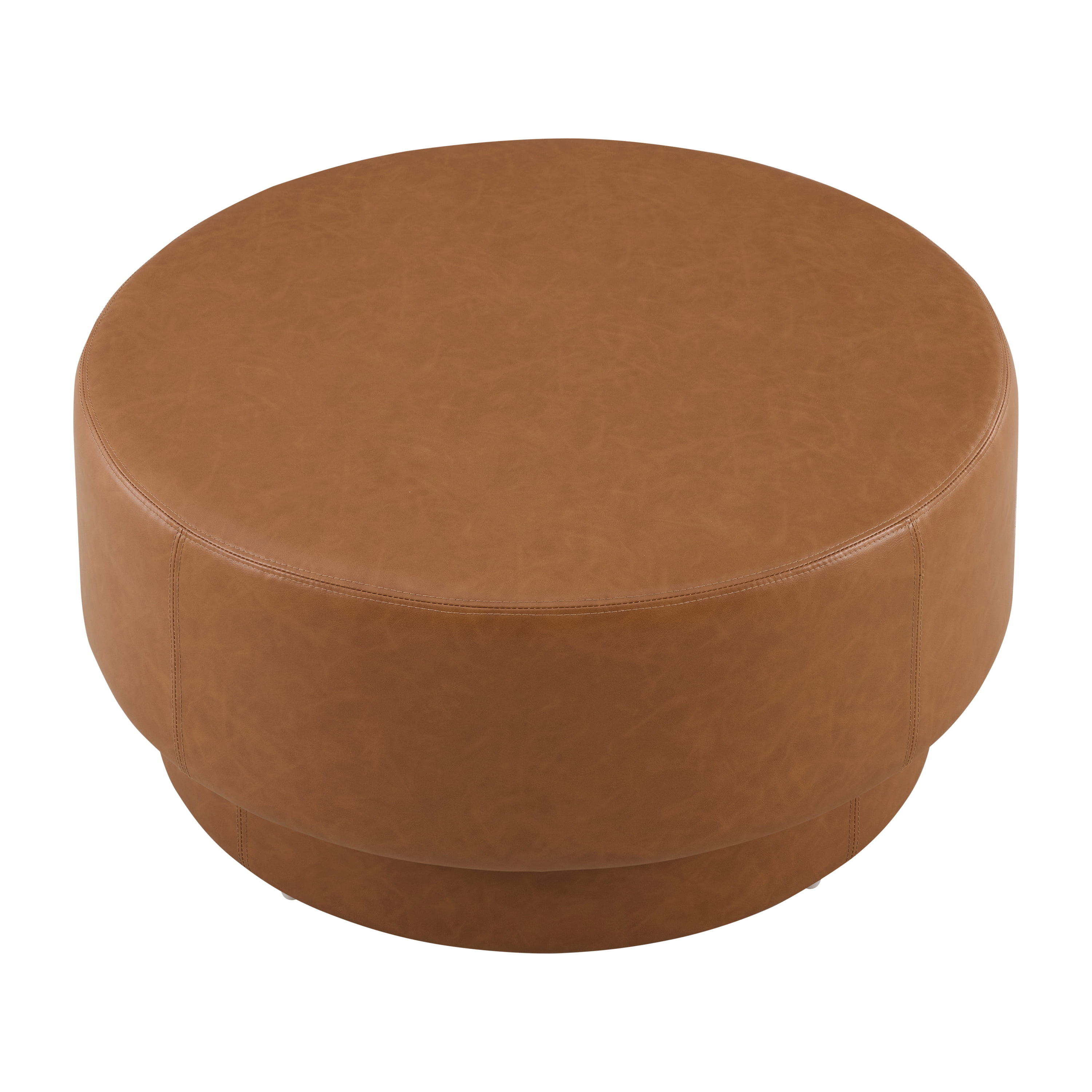 GARITIN Round Ottoman 33 Inch, Modern Double Deck Upholstered Footrest with Faux Leather Cover for Living Room, Brown