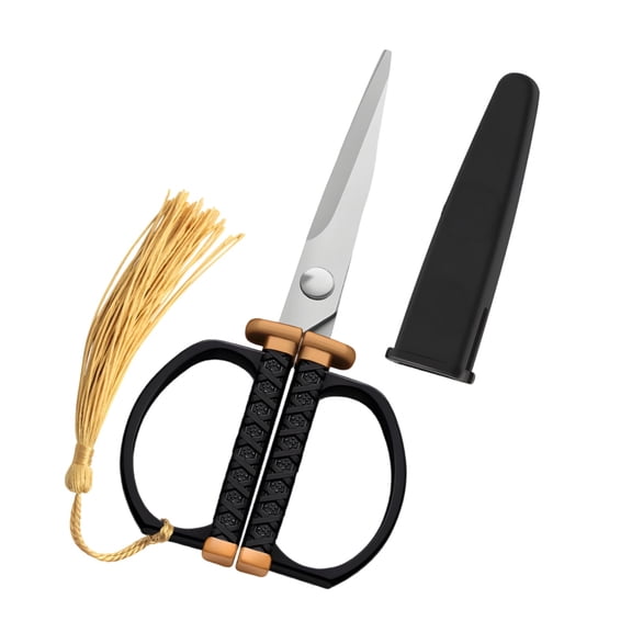 Katana Scissors with Plastic Sheath, 3.9 in / 10 cm Silver Samurai Scissors for Sewing, Crafting, Beard Trimming, Japanese-Inspired Sword Scissors with Braided Handle & Tassel