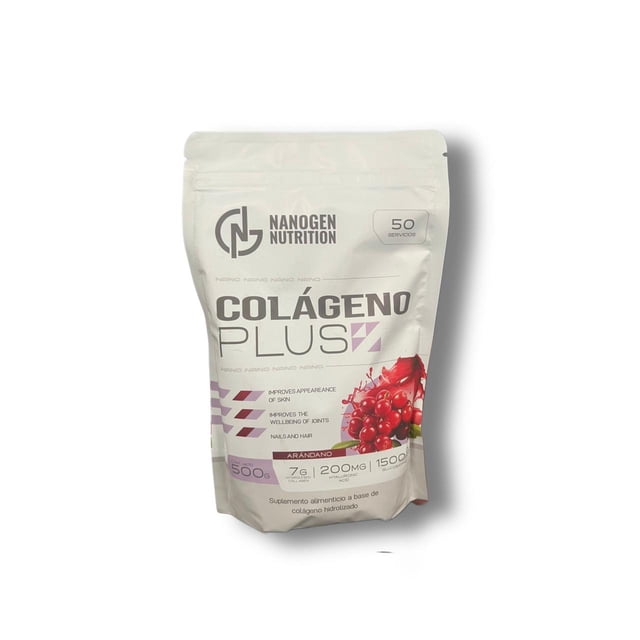 colágeno plus nanogen nutrition - piel, articulaciones y cabello bolsa frontal blanca con logo Nanogen Nutrition y diseño morado, fotografía de arándanos y rótulo que indica 50 servicios; contiene 7 g de colágeno hidrolizado y 200 mg de vitamina C por servicio, suplemento nutricional sabor arándano, vista centrada y frontal.