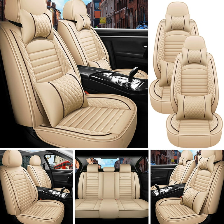 Beige Luxury PU Leather Car Seat Covers Full Surrounded Seat Cushions w/  Pillows