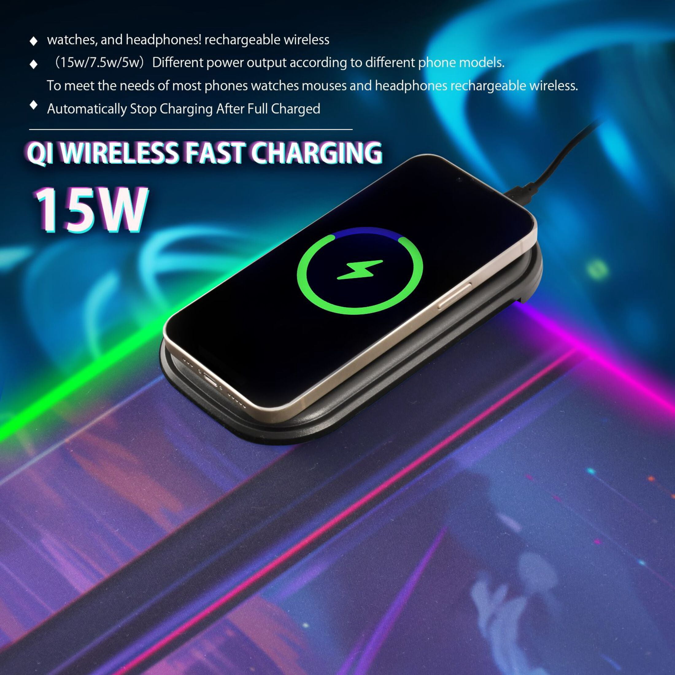 Wireless Charging Mouse Pad Large RGB Gaming Desk Mat 13 Light Modes Mousepad 35.4x15.7 Cat Moon City