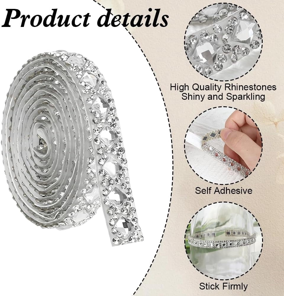 Rhinestone Ribbons Self Adhesive Bling Crystal Strips, Glitter Rhinestones Tape Trim, Diamond Belt Gem Stickers Ribbon for DIY Art Crafts Clothing Decor (Silver)