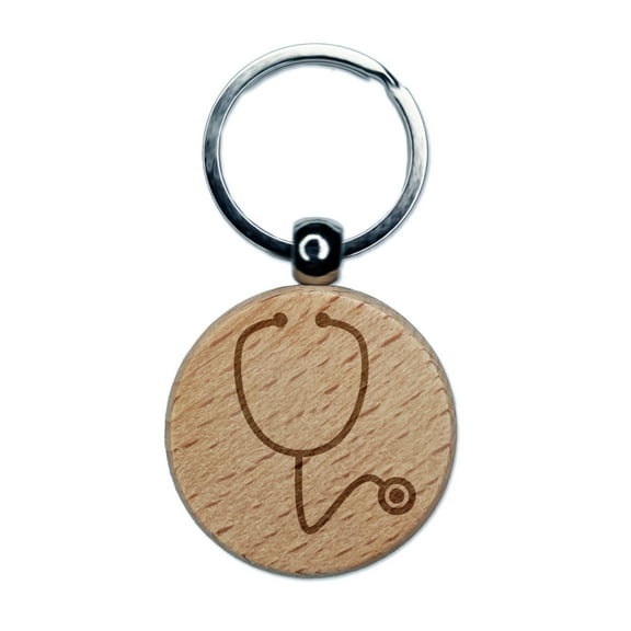 Stethoscope Medical Doctor Nurse Round Keychain Charm Tag - Engraved Wood