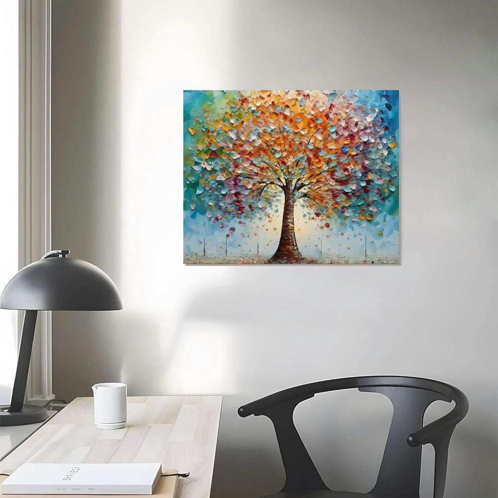 Abstract Tree of Life Canvas Wall Art, Large Colorful Leaf Tree Painting, Farmhouse Modern Textured Artwork for Bedroom Living Room Office, Ready to Hang