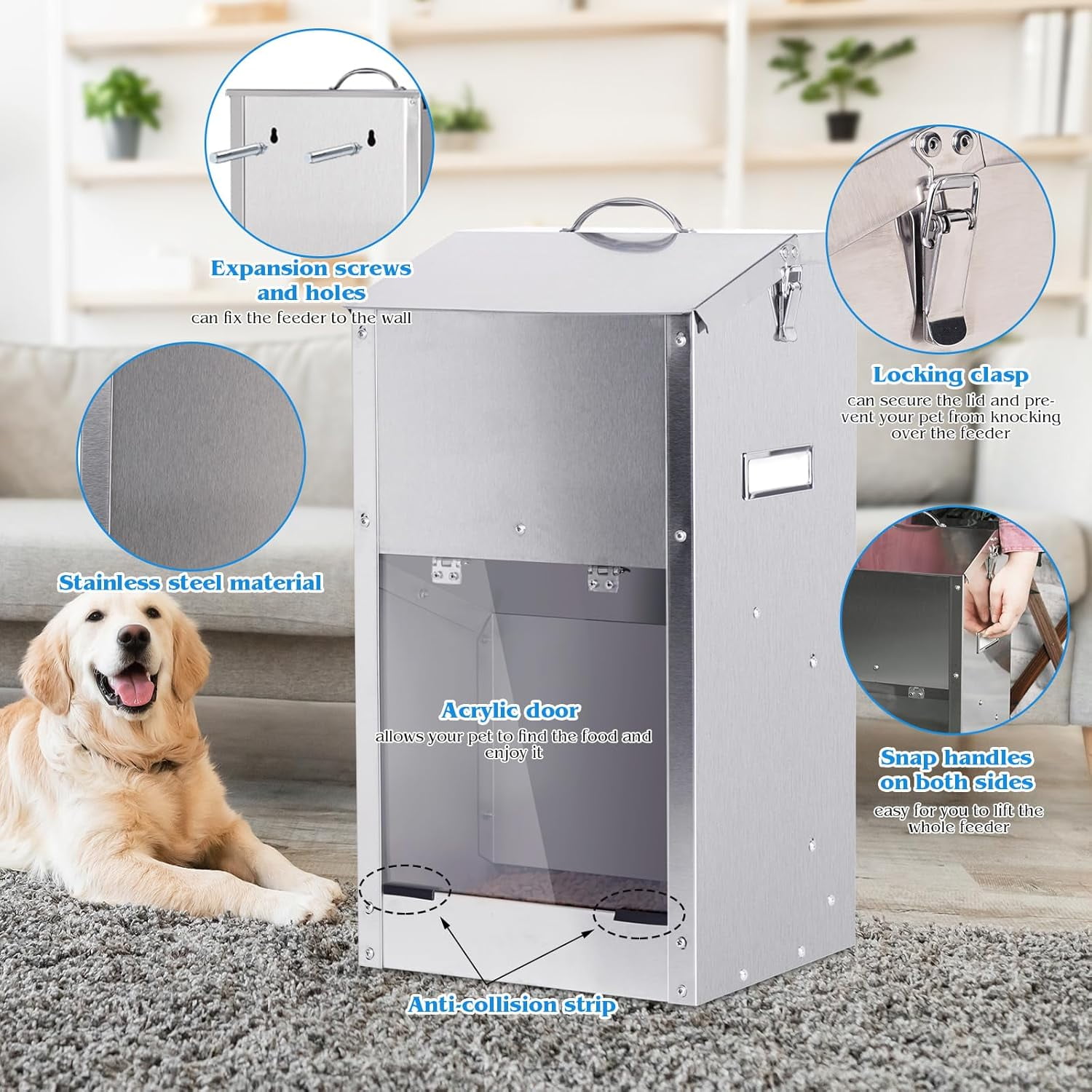 Automatic Dog Feeder Large Breed with Handle, Stainless Steel Indoor Outdoor Pet Food Dispenser for Large Dogs (25lbs)