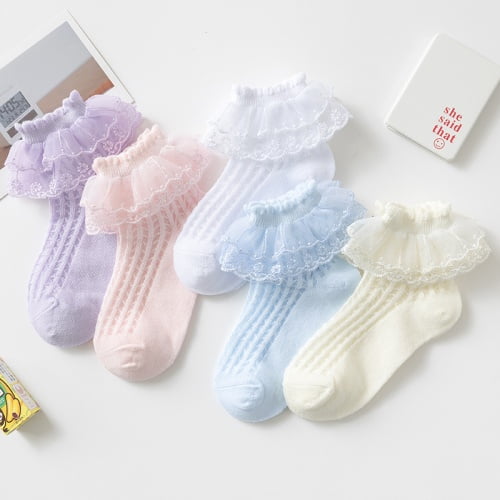 5Pairs/lot Kids Teenager Socks For Girls Summer Mesh Lace Cotton Children's Girl Princess Baby Sock Fashion Ruffled Sock style 1 7-9Y(L)