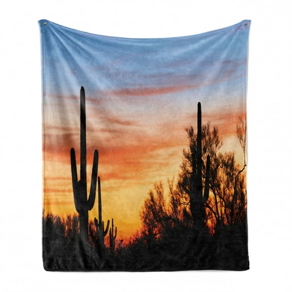 Western Soft Flannel Fleece Blanket, Sunny Desert Cactus Silhouettes Picture Wild West Nature Sunset Photography, Cozy Plush for Indoor and Outdoor Use, 50" x 60", Orange and Black, by Ambesonne