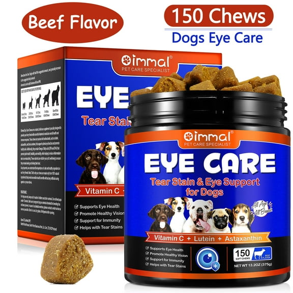 Oimmal Dog Treats for Eye Health, Tear Stain Support with Cod Liver Oil, Lutein, EPA and DHA - Dog Vision & Immune Support Treats - 150 Chews(Beef Flavor)