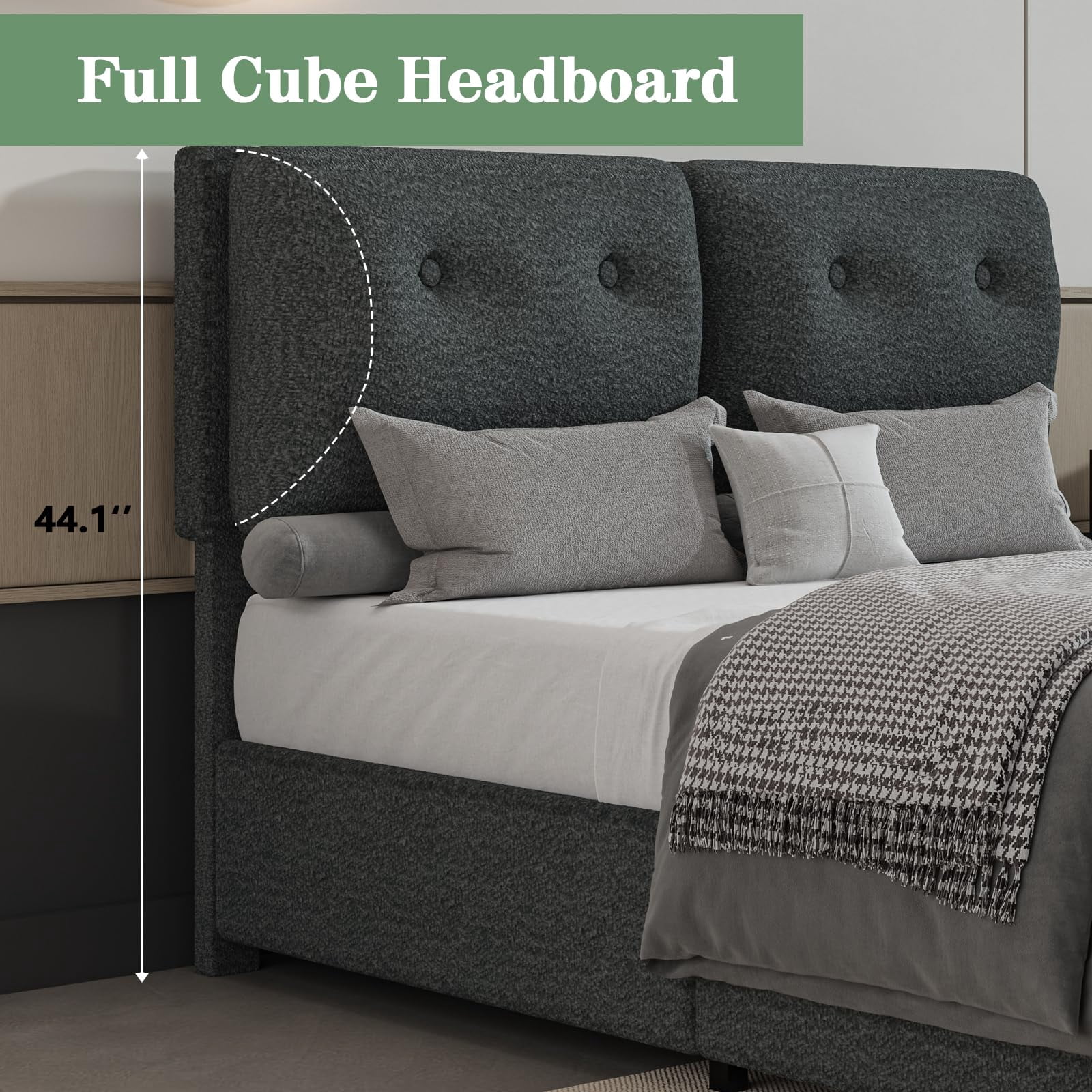 4 EVER WINNER Twin Bed Frame, Twin Size Bed Frame with Headboard, Boucle Bed Frame with Removable Pillow Upholstery, No Box Spring Required, Easy Assembly, Dark Grey