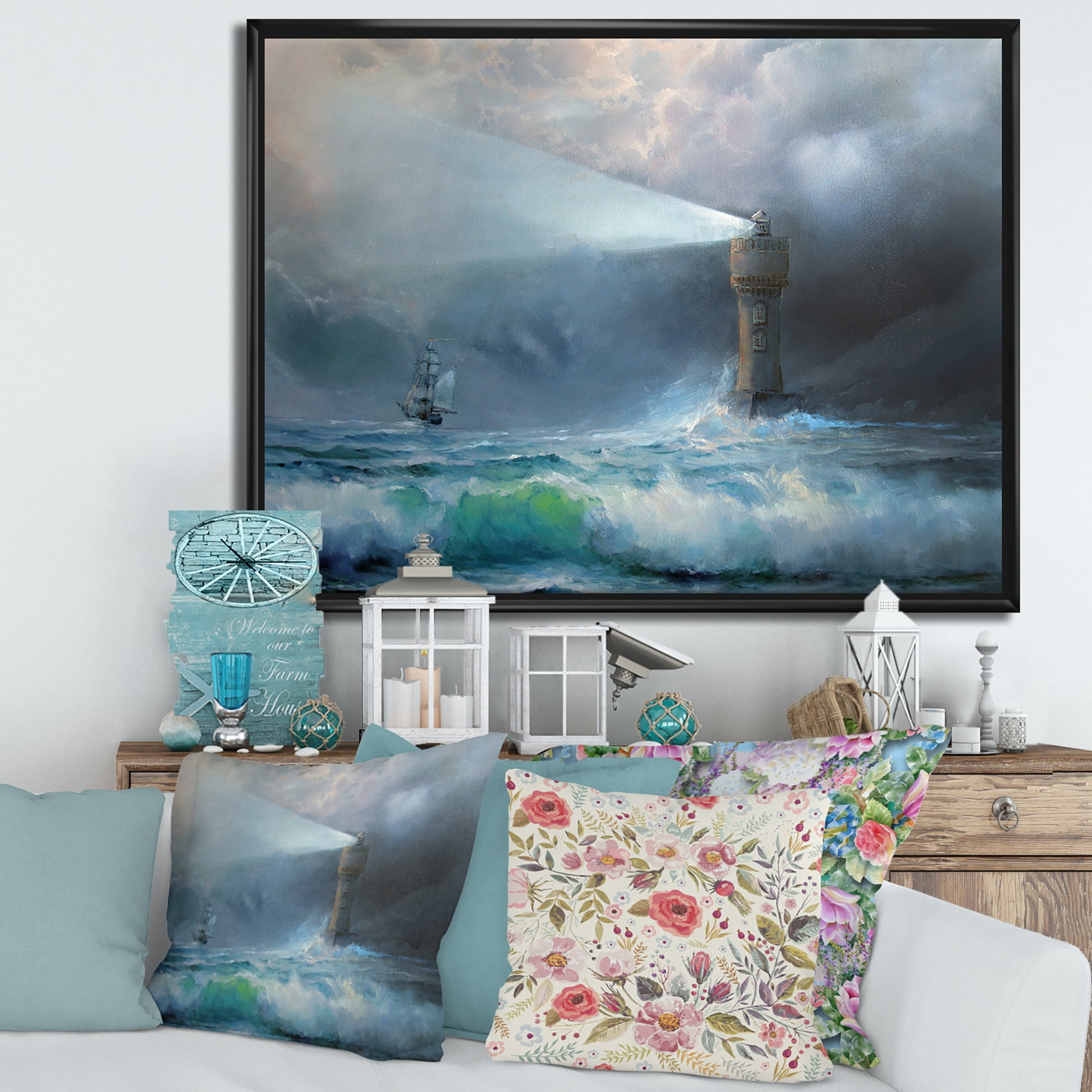 Designart 'Lighthouse Shining Light During Stormy Clouds Night II' Nautical & Coastal Framed Canvas Wall Art Print