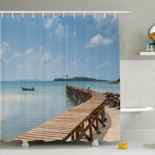Ambesonne Nautical Wooden Bridge to Sea Shower Curtain Set