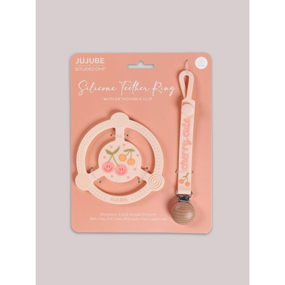 JuJuBe x Studio Oh! Silicone Teether Ring & Detachable Clip - Cherry Cute by Doodle By Meg