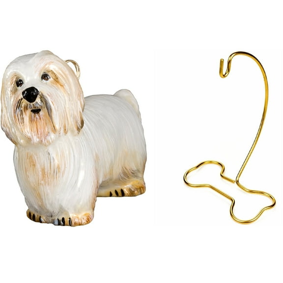 Cotton De Tulear Polish Glass Ornament And Dog Bone Shaped Brass Stand Set Of 2