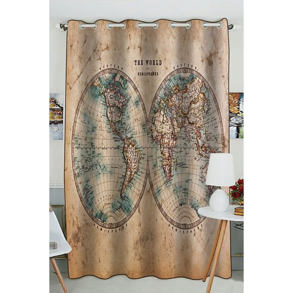 PHFZK Global Map Window Curtain, Vintage Retro Style Old World Map Window Curtain Blackout Curtain For Bedroom living Room Kitchen Room 52x84 inches One Piece
