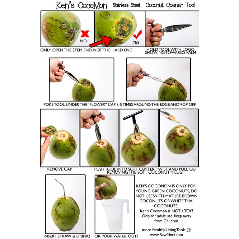 Ken's CocoMon Coconut Opener Tool + Stainless Straw for Fresh GREEN Young  Fruit Black Rubber Handle EZ Easy Grip SAFE with Stainless Steel Drinking